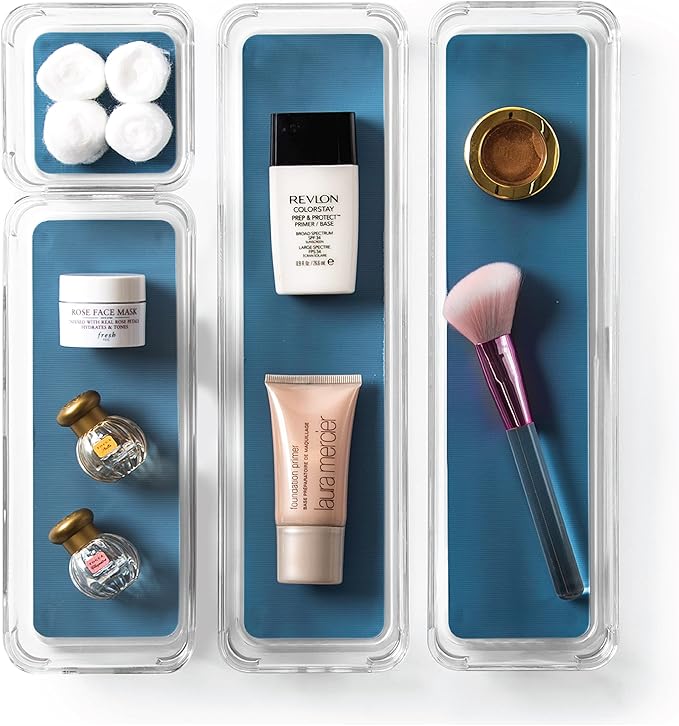 BINO | 4-Piece Drawer Organizer Bin Set - Navy, Small | THE MODULAR+ | Multi-Purpose Storage | Soft-Grip Lining and Non-Slip Rubber Feet | Durable | BPA-Free | Desk Drawer Organizer | Vanity Organizer
