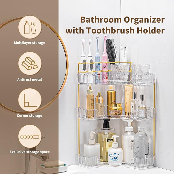 NATURE'S SOURCE Makeup Organizer for Vanity, 3-Tier Corner Bathroom Organizer Countertop with Makeup Brush Holder, Corner Counter Storage for Bathroom, Dresser, Kitchen（Clear