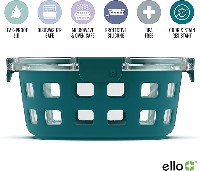 Ello Duraglass Meal Prep Container- Glass Food Storage Container with Silicone Sleeve and Airtight BPA-Free Plastic Lid, Dishwasher, Microwave, and Freezer Safe