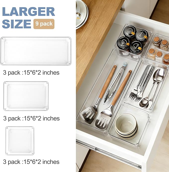 9 PCS Clear Plastic Drawer Organizer Sets for Vanity Organizer, 3 Sizes Versatile Make-up Organizer Trays, Stackable Storage Bins for Kitchen, Cabinet, Bathroom, Office, Laundry Room Organizing