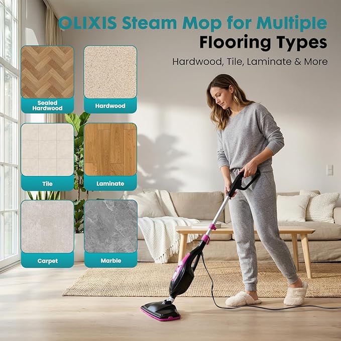 OLIXIS 10-in-1 Steam Mop, 1550W Detachable Handheld Steam Cleaner for Floor Cleaning, 16FT Cord, 2 Washable Pads, Multi-Purpose Floor Steamer for Hardwood, Carpet, Tile, Grout, Windows, Black Pink