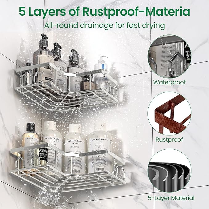 Adhesive Shower Caddy, 6 Pack Corner Bath Organizer, Rustproof Stainless Steel Shower Shelves with Large Capacity, No Drilling Shelves for Bathroom Storage, Home, Kitchen Decor (Silver).