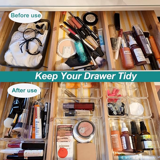 15 Pack Clear Plastic Drawer Organizer Set - 4 Sizes Makeup Vanity Organizer Chest of Drawers Storage Stackable Organizers Bins Divider Box for kitchens, Bedrooms, Bathrooms, Offices, Junk, Gadgets