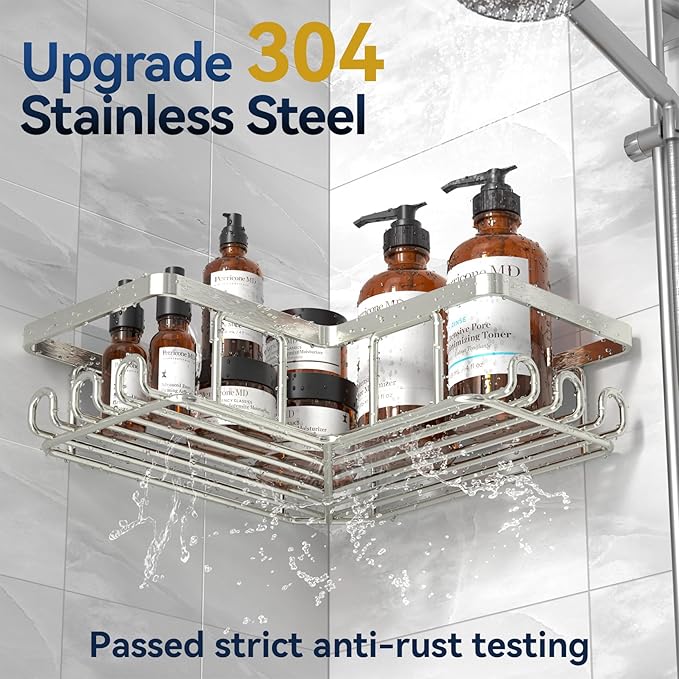 YASONIC Corner Shower Caddy, 3-Pack Adhesive Shower Caddy with Soap Holder and 12 Hooks, Rustproof Stainless Steel Bathroom Organizer, No Drilling Wall Mounted Shower Rack, Nickel