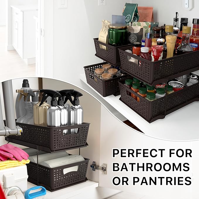 Simple Houseware 2 Tier Bathroom Organizer Tray Pull-Out Sliding Drawer, Under Sink Storage, Brown