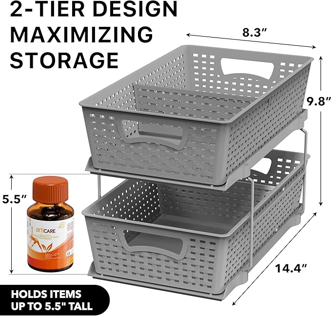 Simple Houseware 2 Tier Bathroom Organizer Tray Pull-Out Sliding Drawer, Under Sink Storage, Gray