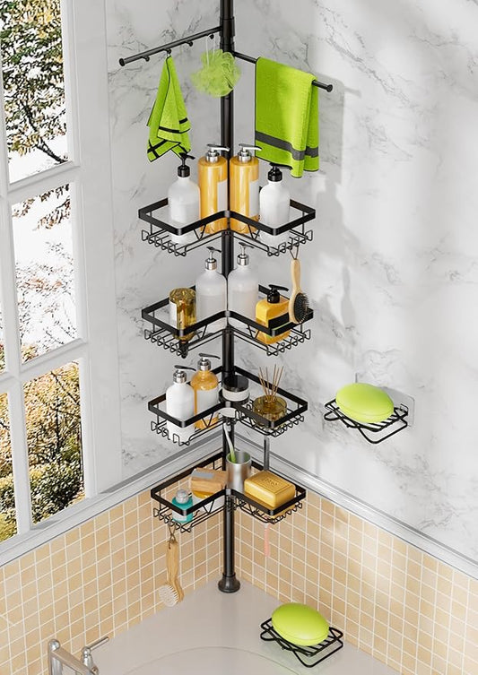 Shower Caddy Tension Pole, 4 Adjustable Corner Shower Caddy with 2 Towel Bars & 2 Soap Holders, Expands 25 to 114.2 Inches, Black Stainless Steel for bathroom/Tub/Corner