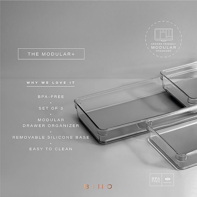 BINO | 3-Piece Drawer Organizer Bin Set - Grey, Large | THE MODULAR+ | Multi-Purpose Storage | Soft-Grip Lining and Non-Slip Rubber Feet | Durable | BPA-Free | Desk Drawer Organizer | Vanity Organizer