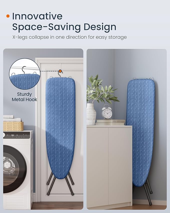SONGMICS Ironing Board, Foldable Iron Board, Height Adjustable up to 35 Inches, with 4 Layered Cover and Pad, Iron Rest, Hook, Steel X-Legs, for Home, Laundry Room, Dorm, Midnight Blue ULLB001Q01