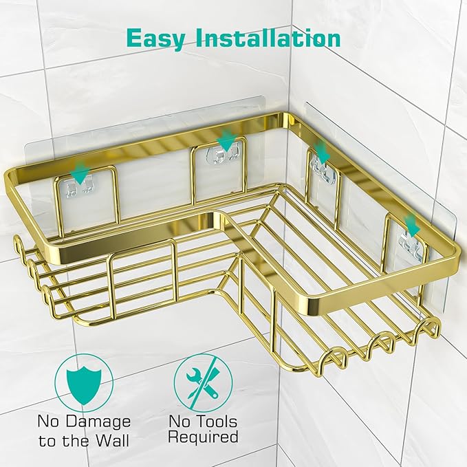 YASONIC Corner Shower Caddy, 3-Pack Adhesive Bathroom Caddy with Soap Holder and 12 Hooks, Rustproof Stainless Steel Shower Organizer, No Drilling Wall Mounted Shower Rack, for Bathroom, Gold