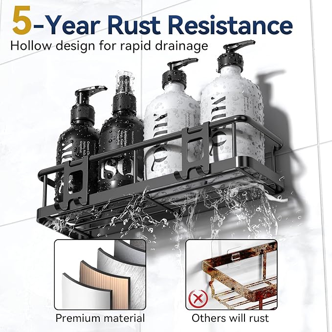 YASONIC Shower Caddy Adhesive, Rustproof Shower Shelves for Inside Shower, Large Capacity Bathroom Organizers and Storage, Shower Storage with Removable Hooks, No Drill Bathroom Accessories Black