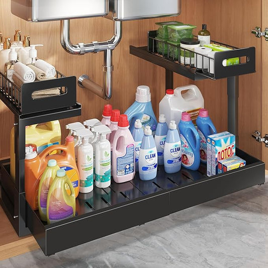 1 Pack-16"-26"W Expandable Under Sink Organizer With Upgrade Ball-Bearing Slide,2-Tier Pull Out Under Cabinet Organizer Height Adjustable,Not Suitable For Cabinets With Partitions In The Middle