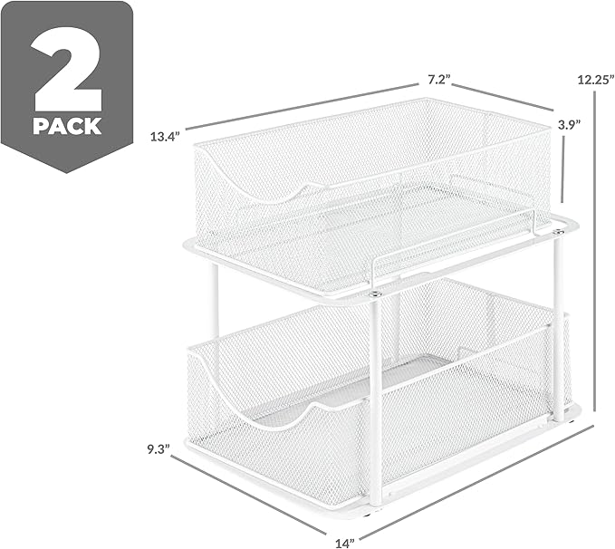 Sorbus 2 Sets of 2 Tier Metal Under Sink Organizer for Bathroom, Kitchen, Strong Steel Mesh Sliding Drawers for Under Sink, Under Cabinet, Closet, Kitchen, Pantry, Bathroom Organizers and Storage