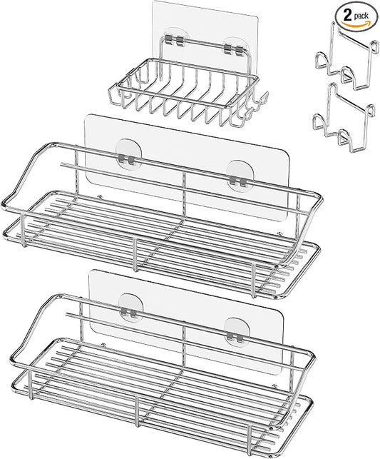 Nieifi Shower Caddy Shelf with Hooks Storage Rack Organizer Adhesive Stainless Steel without Drilling for Bathroom, Lavatory, Washroom, Restroom, Shower, Toilet, Kitchen (Sliver, 3 Pack)