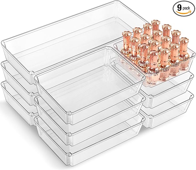 9 PCS Clear Plastic Drawer Organizer Sets for Vanity Organizer, 3 Sizes Versatile Make-up Organizer Trays, Stackable Storage Bins for Kitchen, Cabinet, Bathroom, Office, Laundry Room Organizing