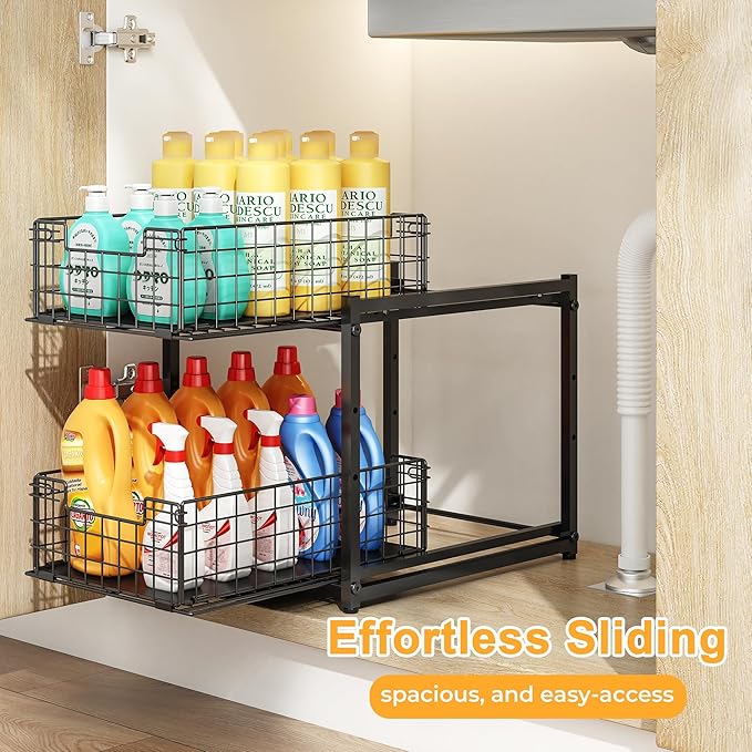 Under Sink Organizer, 2-Tier Pull Out Cabinet Organizer, Adjustable Height Bathroom Organizer and Storage, Spice Rack for Kitchen, Sliding Drawers Shelves 13.8×11×15.8 Inch (1 Pack)