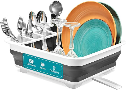 Masirs Pop-Up Collapsible Dish Drying Rack - Convenient Storage - Drains into Sink - Eight Large Plate Capacity - Sectional Cutlery and Utensil Compartment - Compact and Portable Design (12 x 20 Inch)