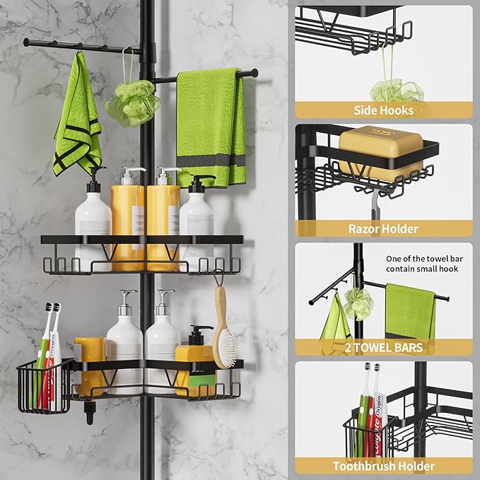 Tension Rod Shower Caddy Corner - Tension Pole Shower Caddy with 2 Towel Bars & Toothbrush Holder, Black Bathtub Organizers and Storage Corner Stainless Steel(Tall 25 to 114.2 Inches)