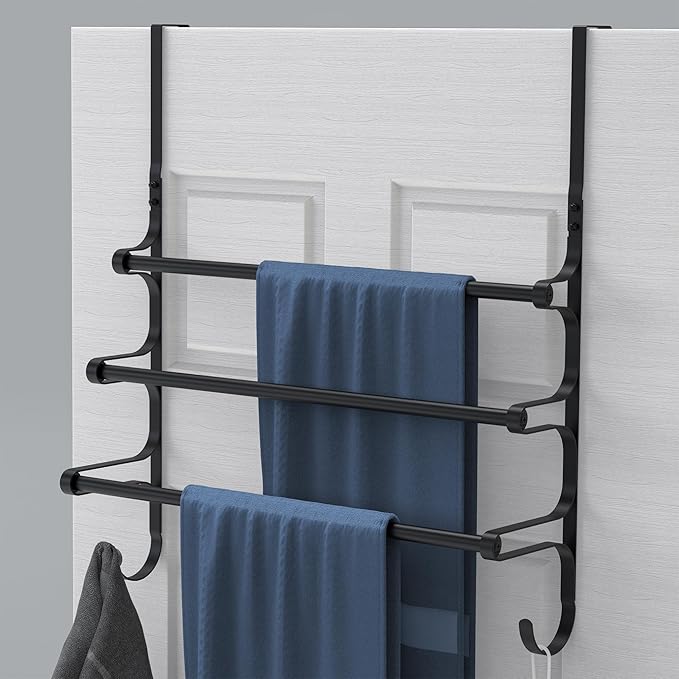 Over The Door Towel Rack, Over Door Towel Rack for Bathroom Door, Triple Towel Storage Holder with Hooks (Matte Black)