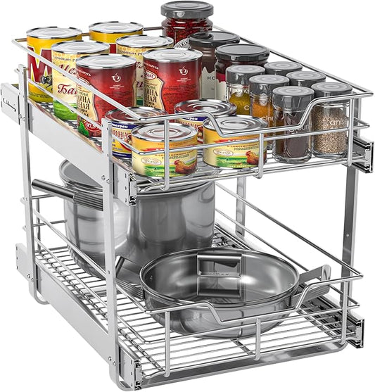 ZOINLIY Pull Out Cabinet Organizer, Versatile Slide Out Kitchen Organizers and Storage,Heavy Duty Drawer Cupboard Storage Basket, Smooth Sliding, Chrome Finish (2-Tiers-17¾''W×22“D)