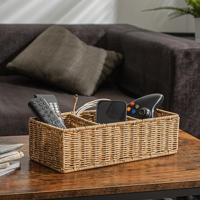 myHomeBody Wicker Basket With 3 Compartments, For Toilet Tank Paper Rolls, Hand Woven Bathroom Countertop Organizer, Bedroom Organization, 1pc, Tan