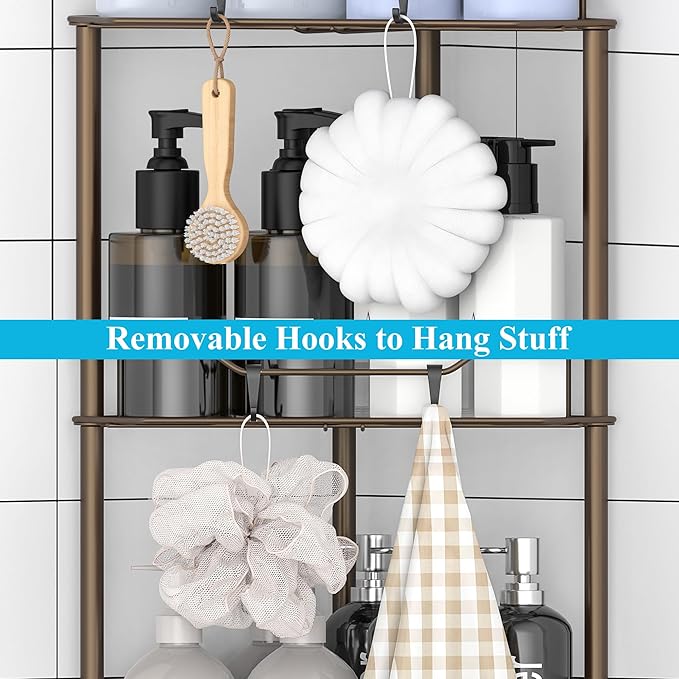 2 Tier Floor Standing Corner Shower Caddy Organizer Shelf with Hooks, Bathroom Shelves Stand Rack, Bronze