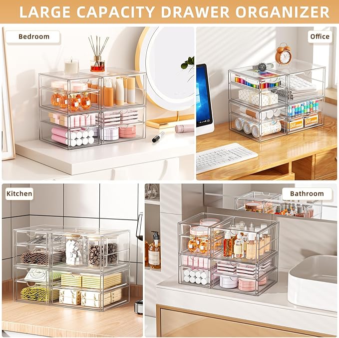 Clear Stackable Storage Drawers, Acrylic Makeup Organizer with 7 Drawers, Bathroom Organizers and Storage, Plastic Bins for For Vanity, Undersink, Kitchen Cabinets, Pantry