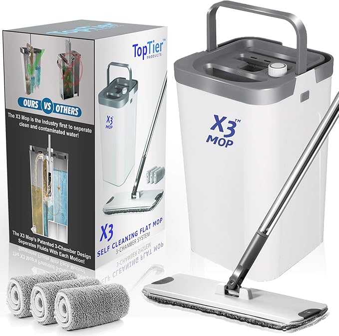 X3 Mop, Separates Dirty and Clean Water, 3-Chamber Design, Flat Mop and Bucket Set, Hands Free Home Floor Cleaning, 3 Reusable Microfiber Mop Pads Included (Original X3 Mop)