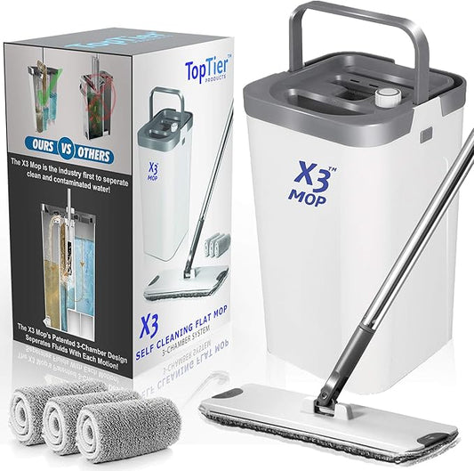 X3 Mop, Separates Dirty and Clean Water, 3-Chamber Design, Flat Mop and Bucket Set, Hands Free Home Floor Cleaning, 3 Reusable Microfiber Mop Pads Included (Original X3 Mop)