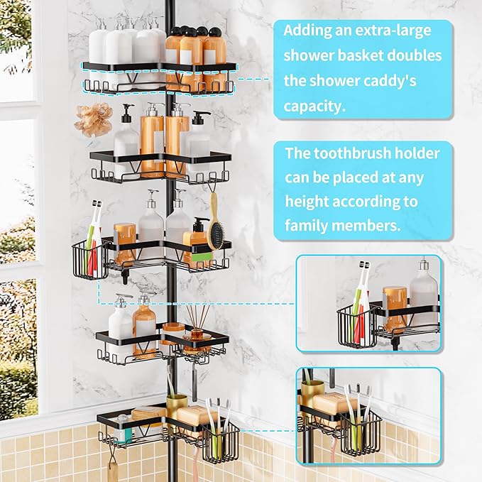 Adjustable Tension Pole Shower Caddy, 5-Tier Stainless Steel Shower Shelf Organizer with 2 Movable Toothbrush Holders, 25-115 Inches Extendable Bath Tub Conner Storage Shelf for Family, Black