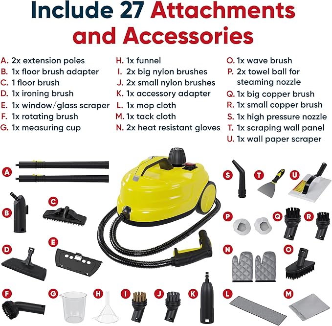 Heavy-Duty Steam Cleaner for Home & Car – Powerful High-Pressure Portable Handheld Steam Cleaner with 27 Accessories for Floors, Tile, Carpet, Grout & Upholstery