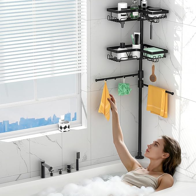 Shower Caddy Tension Pole Corner with 4 Removable Baskets & 2 Towel Bar - Expandable Shower Caddy Corner Adjustable 25-114.2 Inches Upgraded Bath Organizer for Tub(Stainless Steel, Black)