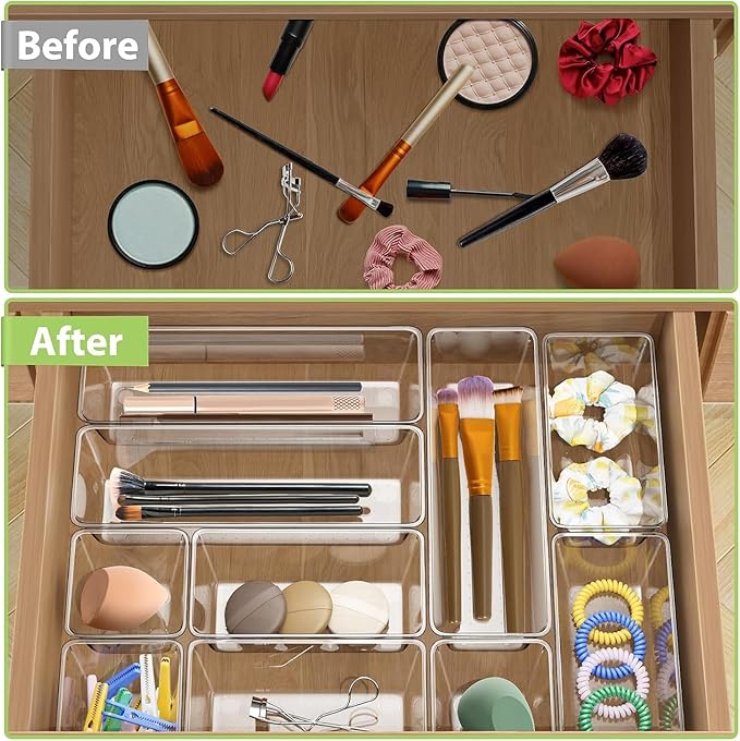 25 Piece Clear Drawer Organizer Set, 4 Sizes Bathroom Vanity Organizer Trays and Storage Bins for Makeup, Cosmetics, Jewelry, and Gadgets. Perfect for Office, Kitchen, Bedroom, Bathroom Use.