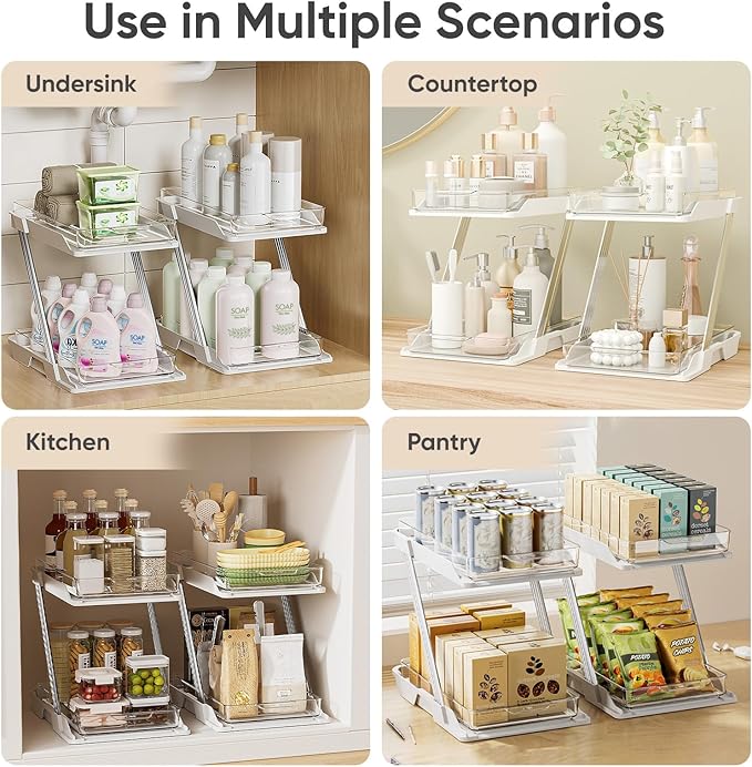 1 Pack Bathroom Organizers and Storage - Multi-Purpose,2-Tier Clear Pull Out Organization for Bathroom,Under Sink,Kitchen,Vanity,Countertop,Cabinet,Pantry & Medicine Cabinet,White