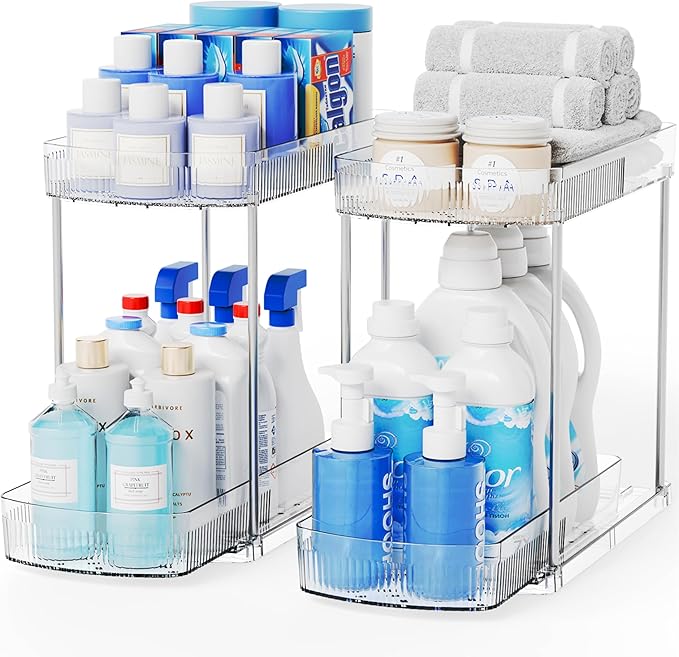 2 Pack Large Pull Out Bathroom Organizers and Storage,2 Tier 12.8″ Tall Sliding Kitchen Under Sink Organizer for Cleaning Products Storage,Acrylic Clear Bathroom inder Sink Organizer,Undersink Storage