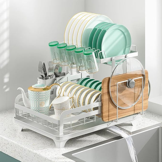 Dish Drying Rack Without Installation 2 Tier Metal Dish Racks for Kitchen Counter for 1-3 People with Drain Board Multifunctional Storage and Drainage Apartment Essentials
