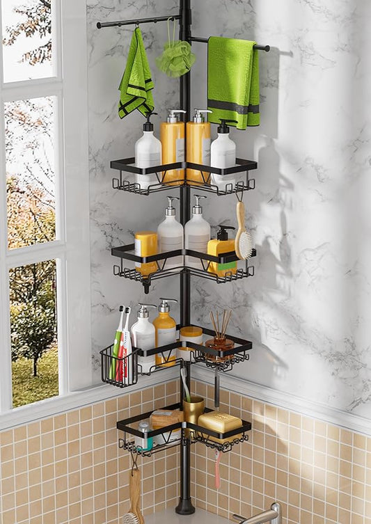 Tension Rod Shower Caddy Corner - Tension Pole Shower Caddy with 2 Towel Bars & Toothbrush Holder, Black Bathtub Organizers and Storage Corner Stainless Steel(Tall 25 to 114.2 Inches)