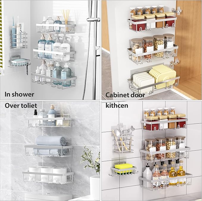 5 Pack Shower Caddy Organizer Rack Shelf for Inside Shower, Self Adhesive Bathroom Wall Storage Basket Rustproof Stainless Steel Large Capacity Shampoo Holder, Silver