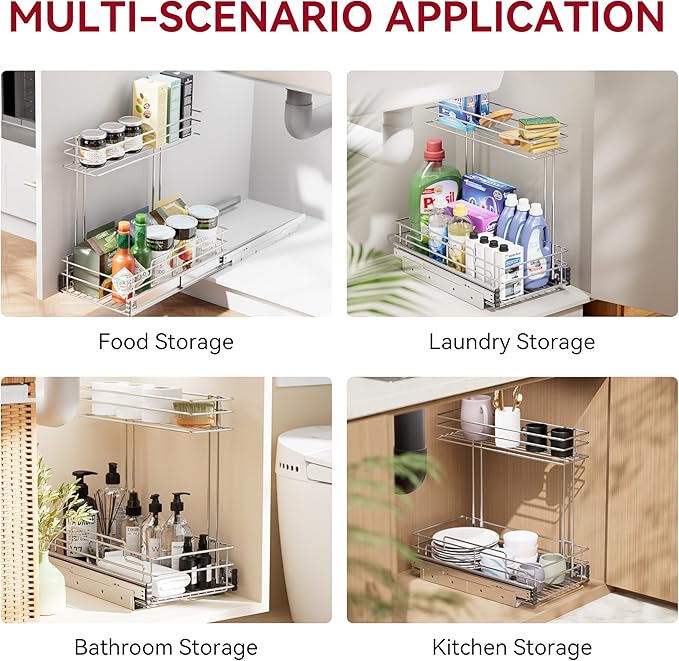 Under Sink Organizer 9" W X17 D, Pull Out Cabinet Organizer 2 Tier, Under Sink Slide Out Chrome Plated, Under Kitchen Bathroom Organizer, Pantry Cabinet Closet Organization Rack, 1 Pack