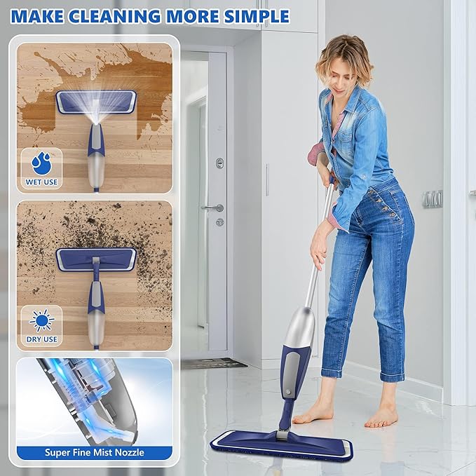 Spray Mops for Floor Cleaning - BPAWA Microfiber Floor Mop Flat Wet Mop Dry Dust Mop for Hardwood Laminate Wood Tile Vinyl Kitchen Bathroom Floors with 4 Washable Pads Reusable 550ML Refillable Bottle