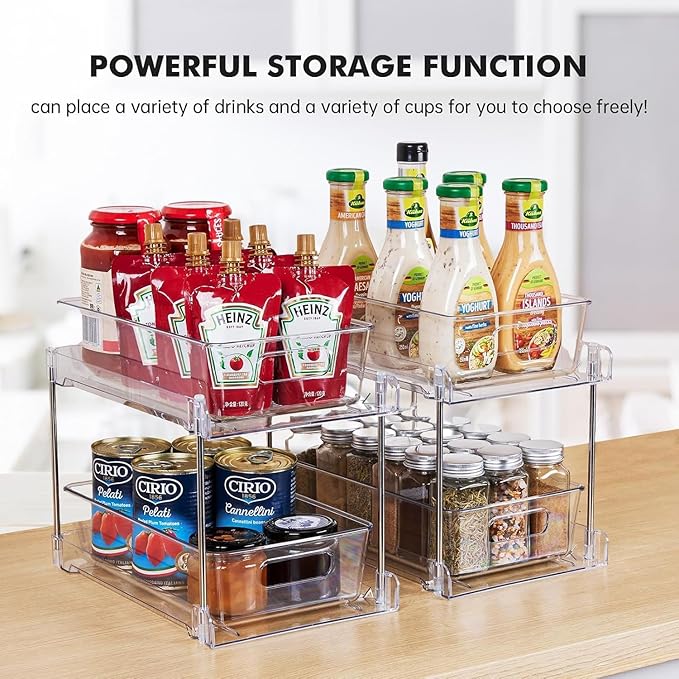 4 Pack Clear Bathroom Organizers and Storage, 2 Tier Pull Out Under Sink Cabinet Organizer Plastic Drawer Organization and Storage for Bathroom and Kitchen