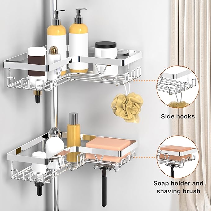 KEGII Corner Shower Caddy Tension Pole - Chrome 4-Tier Adjustable Shower Tension Rod Organizer with Hooks & Soap Holders, 25-114.2 Inch Stainless Steel Shower Storage Rack for Renters & Family