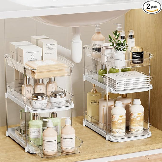 LAMU 2 Pack Bathroom Organizers and Storage, 3-Tier Stackable Under Sink Storage with Pull-Out Drawers & Dividers, Medicine Cabinet Organizer for Kitchen Pantry Organization | 2 Pack, Stackable, Pull-Out Drawers, Dividers