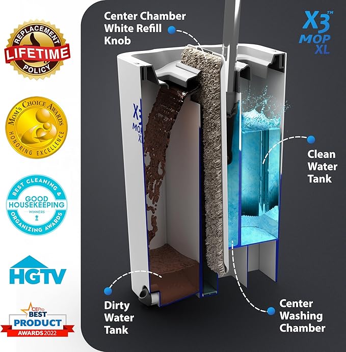 X3 Mop XL, Separates Dirty and Clean Water, 3-Chamber Design, Flat Mop and Bucket Set, Hands Free Home Floor Cleaning, 3 Reusable Microfiber Mop Pads Included (XL X3 Mop)