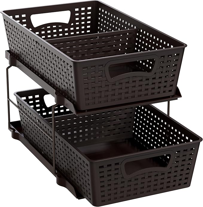 Simple Houseware 2 Tier Bathroom Organizer Tray Pull-Out Sliding Drawer, Under Sink Storage, Brown