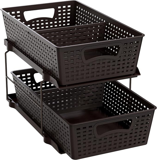 Simple Houseware 2 Tier Bathroom Organizer Tray Pull-Out Sliding Drawer, Under Sink Storage, Brown