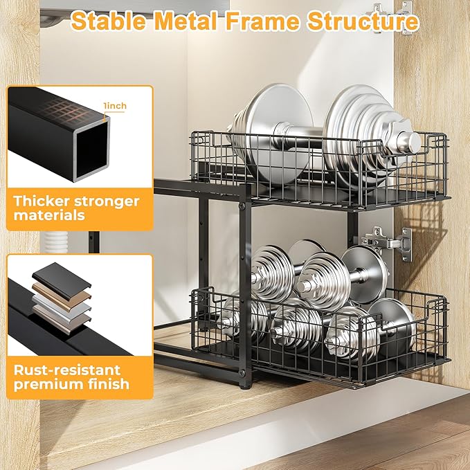 Under Sink Organizer, 2-Tier Pull Out Cabinet Organizer, Kitchen Bathroom Organizer and Storage, Spice Rack for Kitchen, Multi-use Sliding Drawers Shelves, Pack of 2