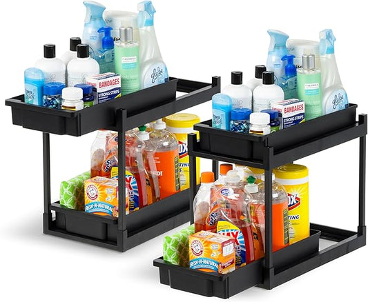 IRIS USA Under Sink Organizer, 2 Pack, Bathroom Organizers and Storage, Pull Out Under Cabinet Kitchen Shelf Pantry Under Counter, Cleaning Supplies, Vertical Spice Rack Slide Out Drawer, Easy Install