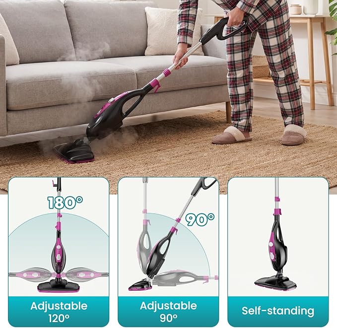 OLIXIS 10-in-1 Steam Mop, 1550W Detachable Handheld Steam Cleaner for Floor Cleaning, 16FT Cord, 2 Washable Pads, Multi-Purpose Floor Steamer for Hardwood, Carpet, Tile, Grout, Windows, Black Pink