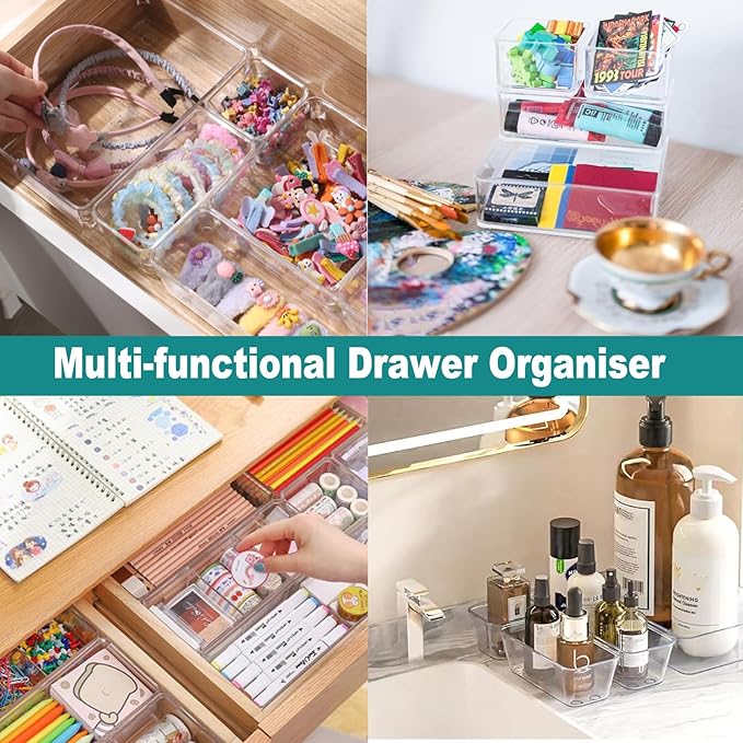15 Pack Clear Plastic Drawer Organizer Set - 4 Sizes Makeup Vanity Organizer Chest of Drawers Storage Stackable Organizers Bins Divider Box for kitchens, Bedrooms, Bathrooms, Offices, Junk, Gadgets